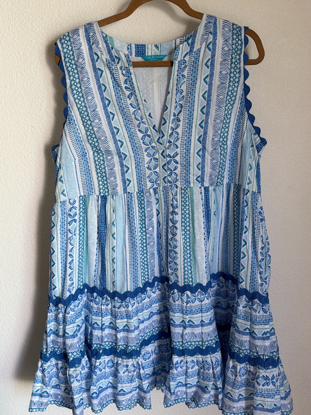 Tori Richard Honolulu Blue & White Geometric Tiered Resort Mini Dress - Size XL